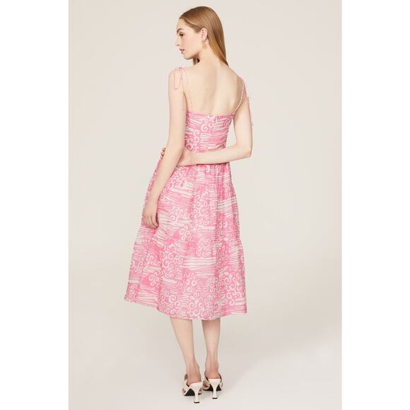 RTR Sz L Amanda Uprichard Tula Pink Print Tie Strap Sweetheart A-Line Midi Dress - Picture 2 of 10